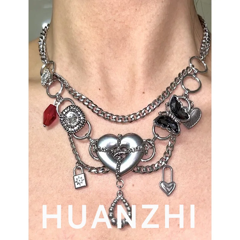 HUANZHI New Vintage Love Lock Pendant Necklace Red Beads Sparkling Zircon Choker Exaggerated Punk Trendy Jewelry for Women Girls