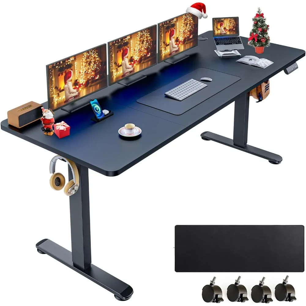 

Электрический стол с регулируемой высотой, 70,8 x 27,5 дюймов, стол для сидения с большим ковриком для мыши, двойной металлический крючок, 4 колеса, 4