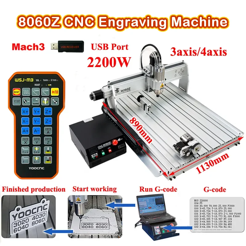 Enrutador CNC LY 8060Z, máquina de grabado de madera de aluminio, carril guía lineal de 4 ejes con mango, puerto USB de 2200W para trabajo de Metal