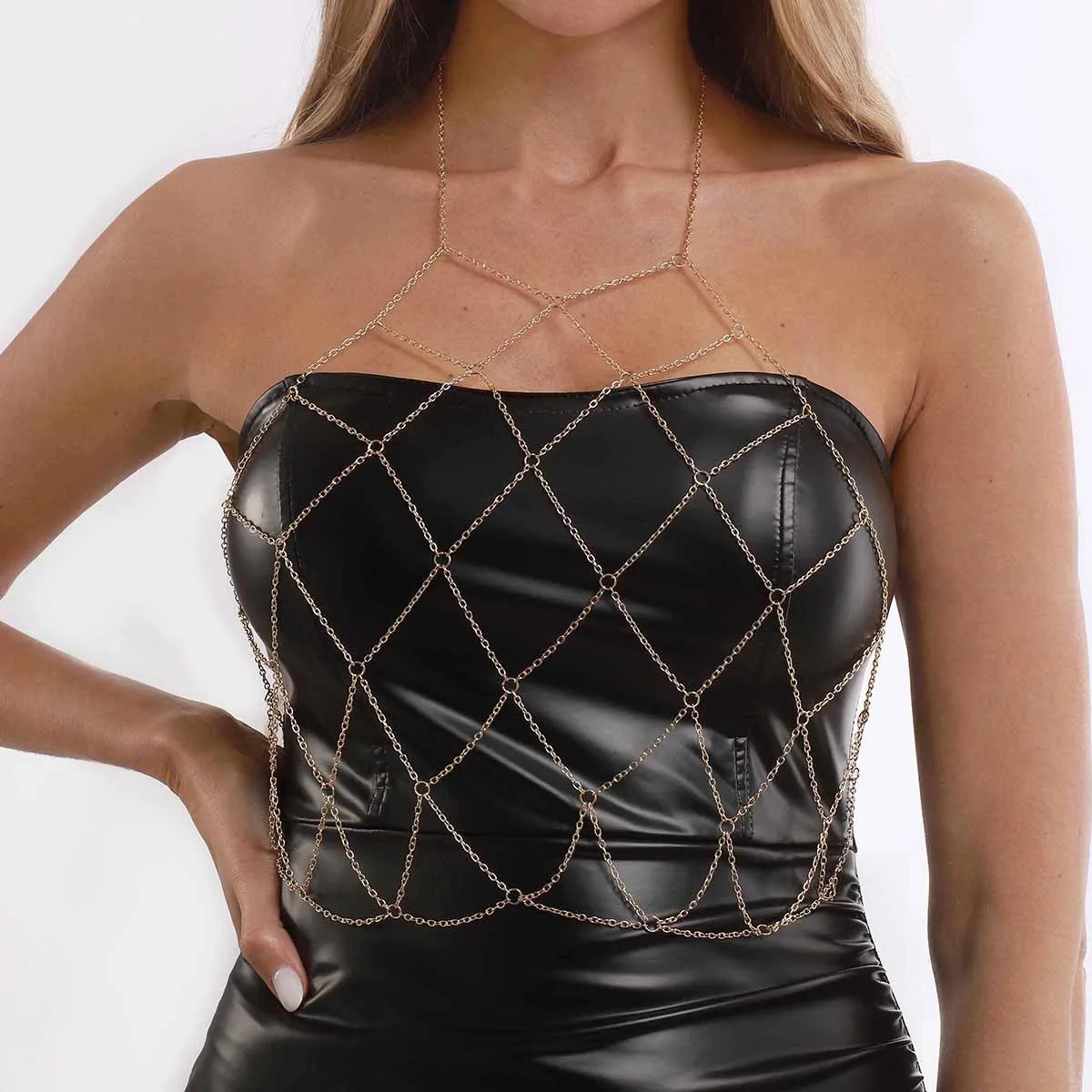 Intricate Golden Diamond Mesh Crop Body Chain Woven Link Layering Harness Vest Top Cyber Clubwear Accent Overlays
