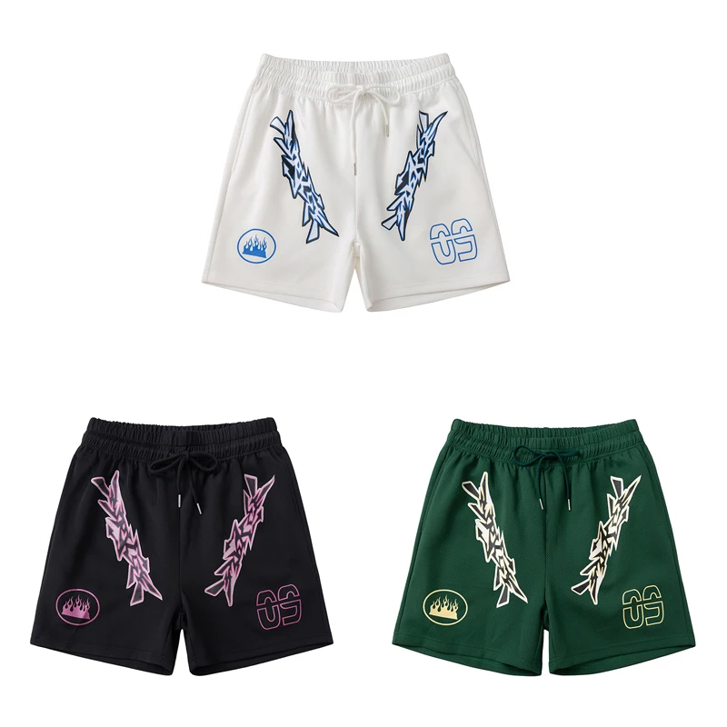 

Mesh Quick Dry Black Green White Basketball Shorts Men Women Flame Rift Letters Print Loose Drawstring Shortpants Breathable