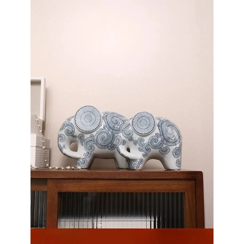 Home Blue and White Porcelain Fortune Elephant New Housewarming Living Room Entrance Ornament