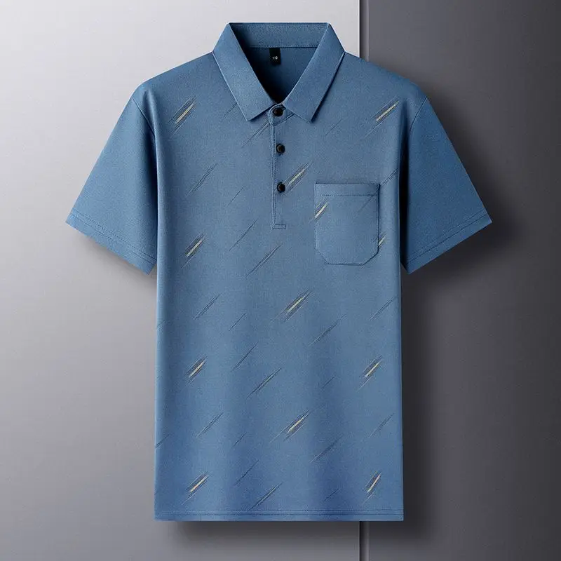 Summer Men\'s 2024 New Pullover Polo Shirt Patchwork Button Printed Pocket Fashion Slim Fit Versatile T-shirt Short Sleeved Tops