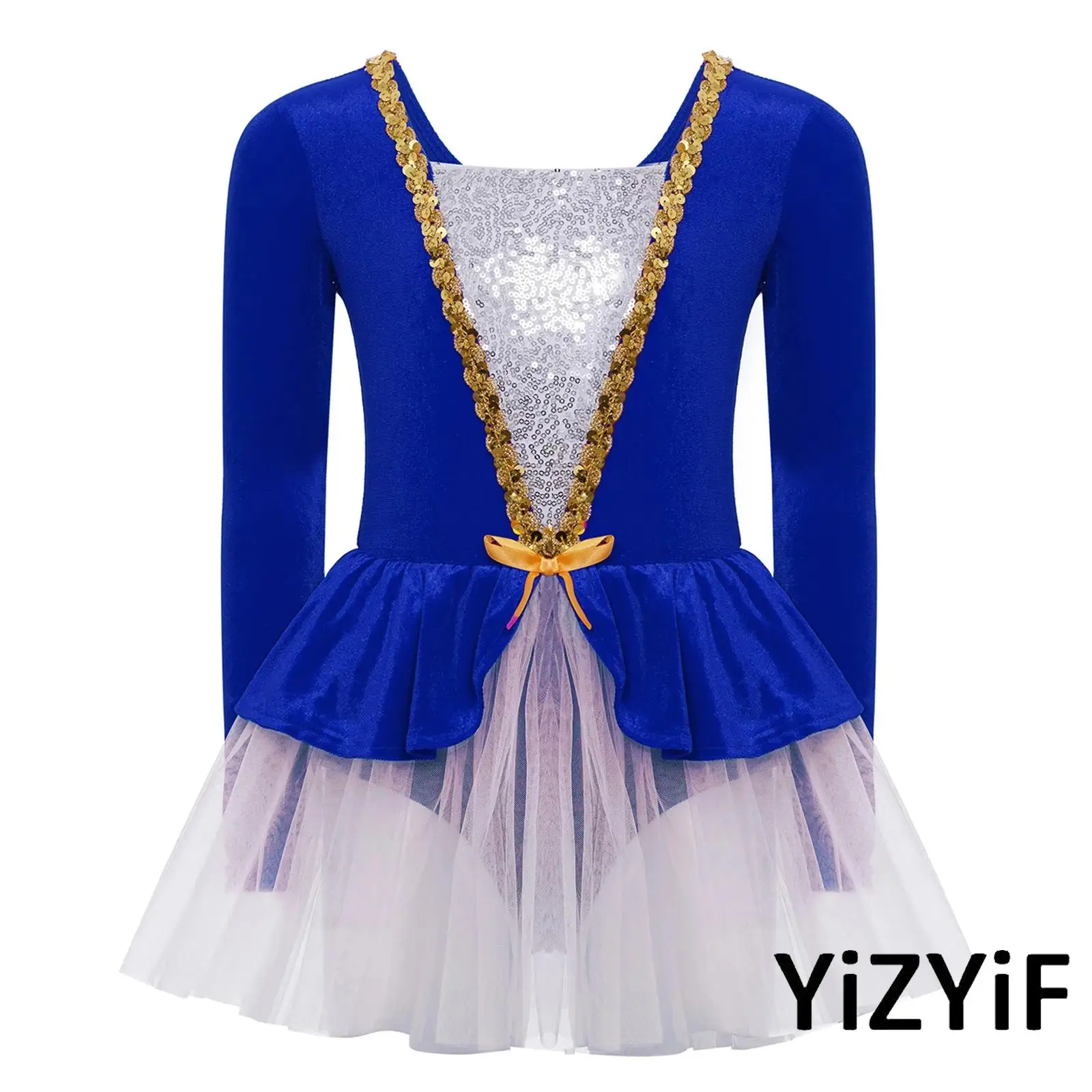 

Girls Ballet Dress Lyrical Gymnastics Dancewear Long Sleeves Shiny Sequins Patchwork Velvet Tutu Dress for Ballet Modern Dance