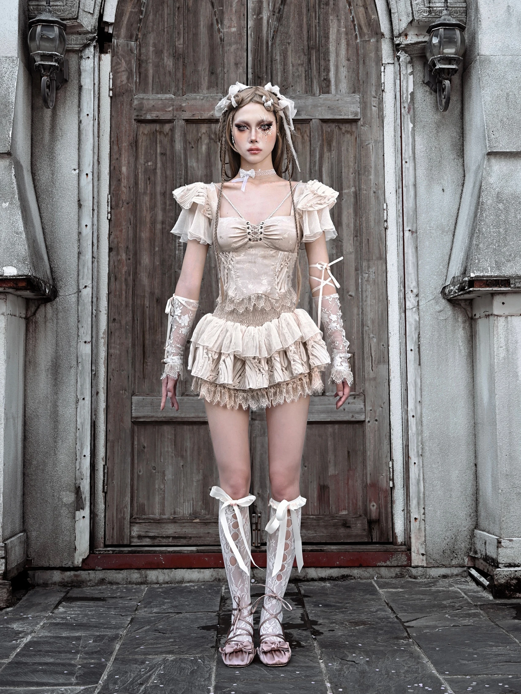 Original Court Style Retro Elegant Skirt Set Women's Gothic Punk Slim Flying Sleeve Jacquard Fishbone Top Halloween Cos Outfit