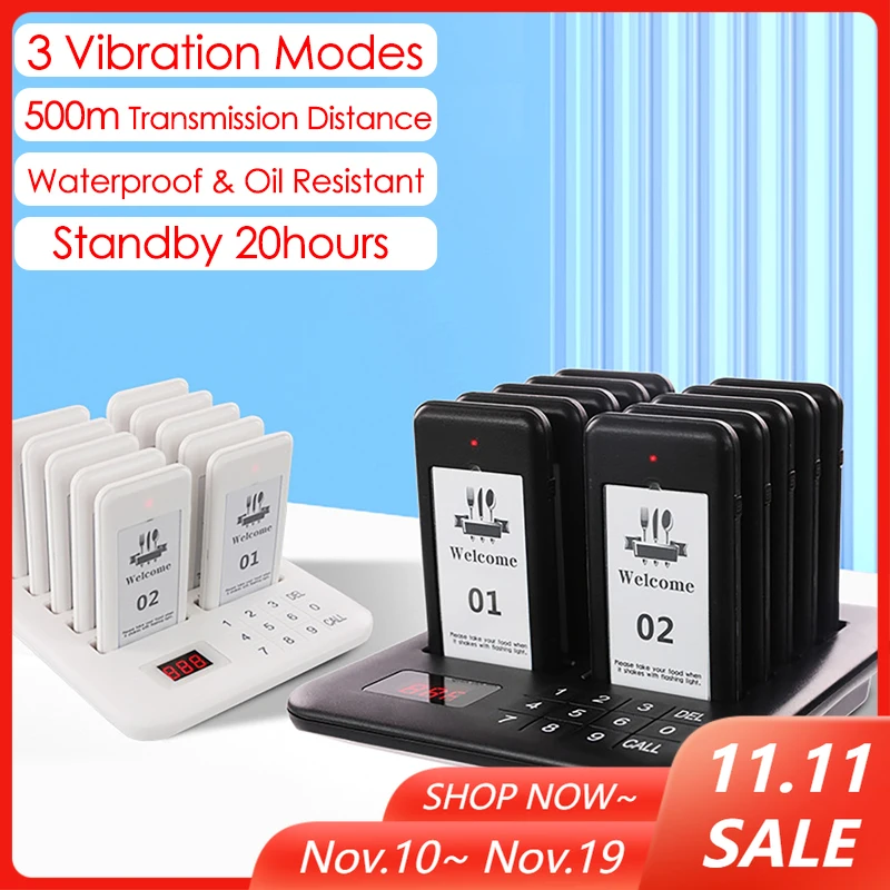 

Wireless Meal Picker Set Restaurant Ringing And Calling Device Waiting Queuing Number Calling System 1 Transmitter + 10 Receiver