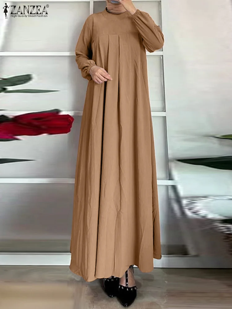 2024 ZANZEA Mode Frauen Maxi Lange Muslimischen Kleid Vintage O Hals Langarm Solide Abaya Sommerkleid Beiläufige Lose Urlaub Vestido