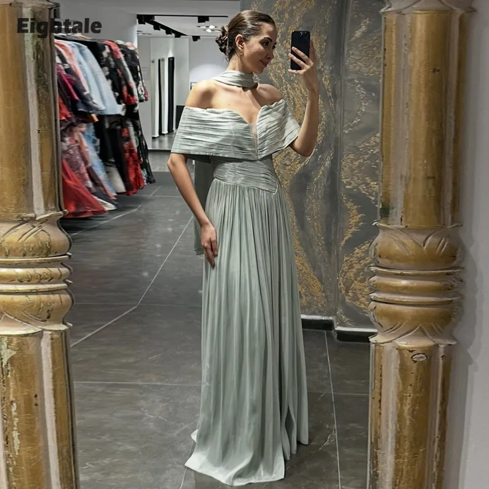 

Eightale Arabic Evening Dress Off Shoulder Pleats Crepe Customized Floor Length Muslim Prom Wedding Party Gown