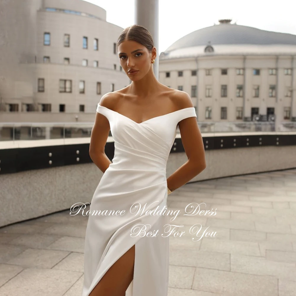 Vestido De Novia De sirena con hombros descubiertos, sencillo, con pliegues, cuello en V, lado alto, espalda abierta, personalizado