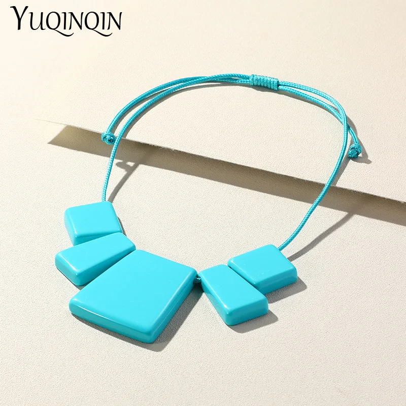 2023 Trendy Charm Colorful Rope Chain Necklaces for Women Resin Square Pendant Necklace For Girls Vintage Long Fashion Jewelry