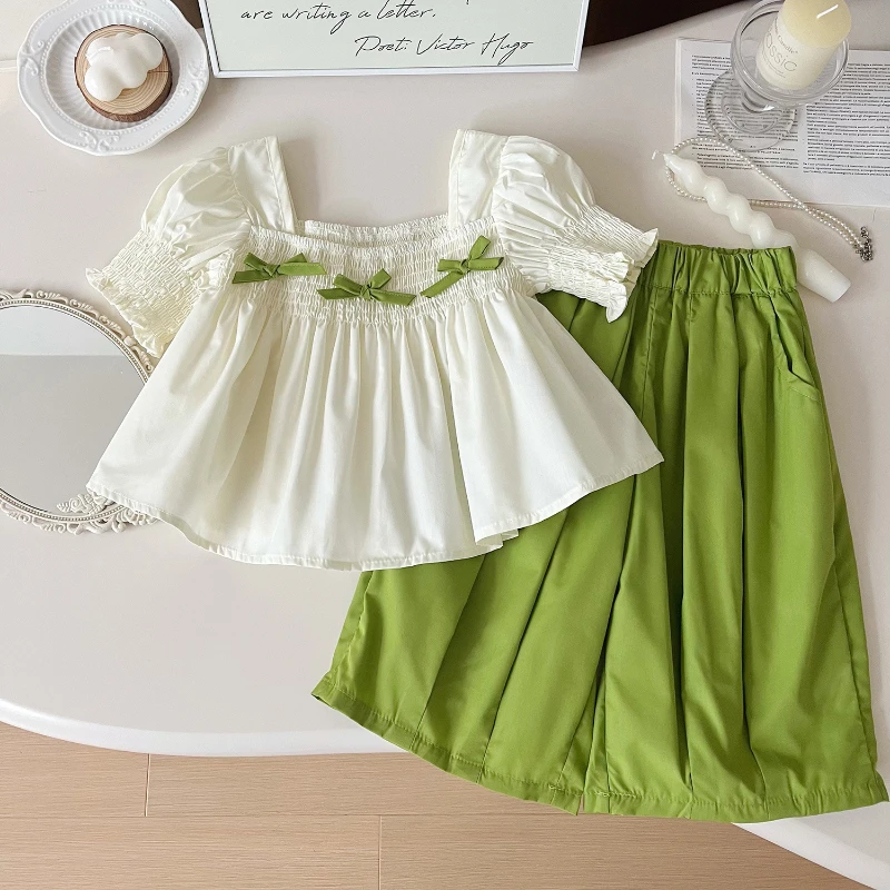 Girls' Short Sleeve Set Summer New Girls' Puff Sleeve Doll Shirt + Wide-leg Pants Casual Two-piece Set Send A Pair of Hairpins