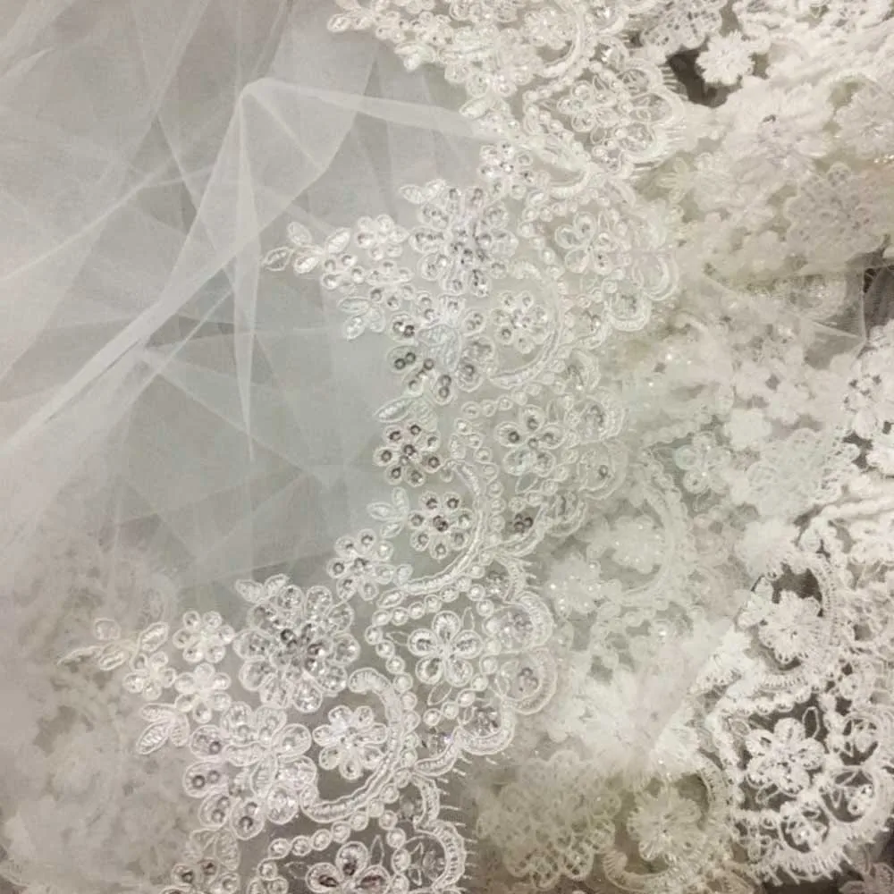 Voile de mariage en dentelle à paillettes, 3 mètres de Long, une couche avec peigne, blanc ivoire, accessoires de mariage