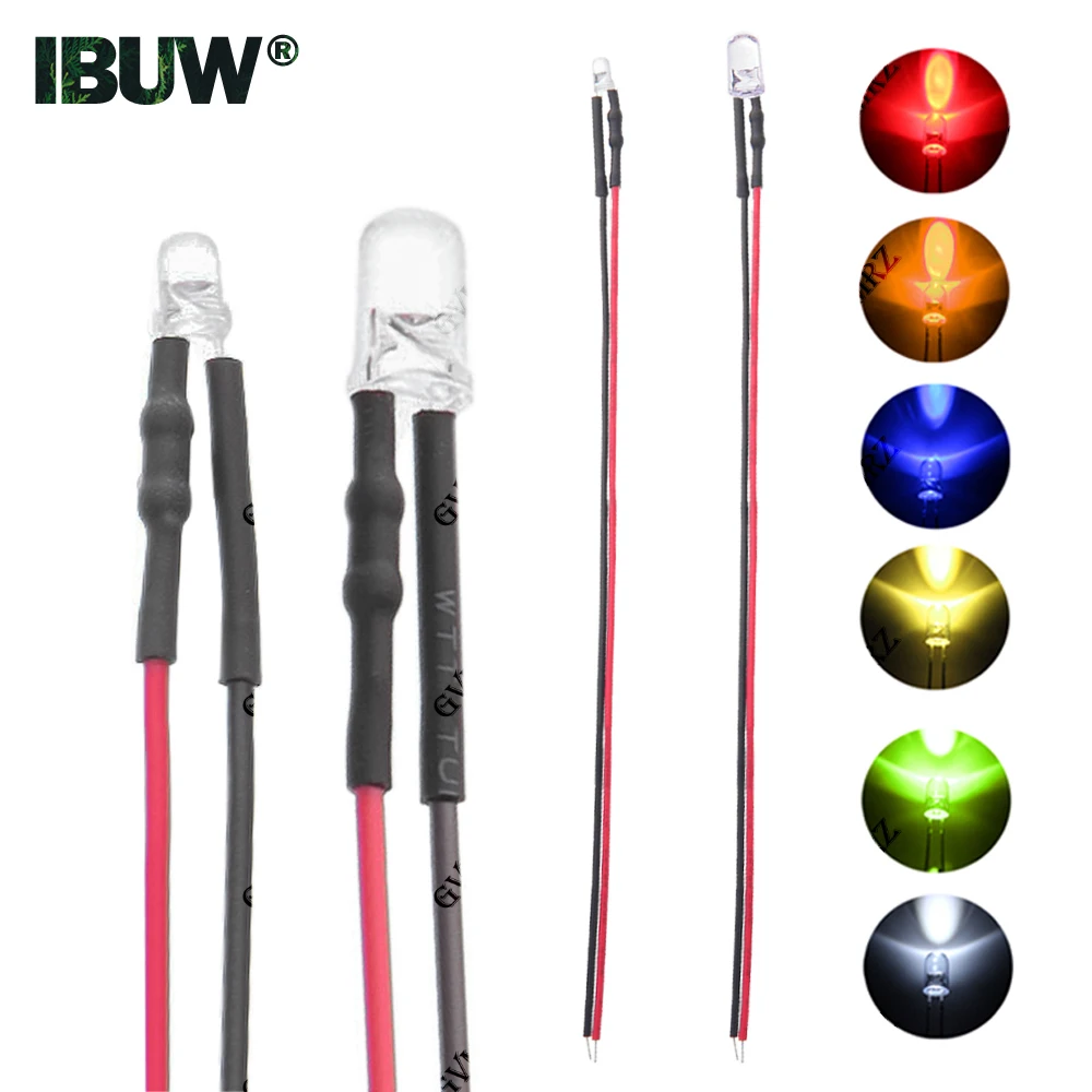 10PCS Wired LED Indicator Light 3mm 5mm DC 3–6V 12V 24V Multiple Colors for PCB DIY Electronics