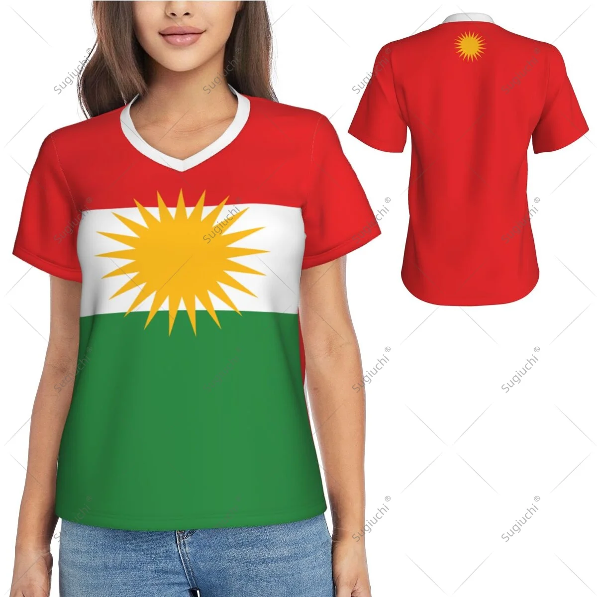 Kurdistan Flag Shirts Women Patriotic Tee Tops V-Neck Short Sleeve Summer Soft Breathable Lady Y2k T-Shirt
