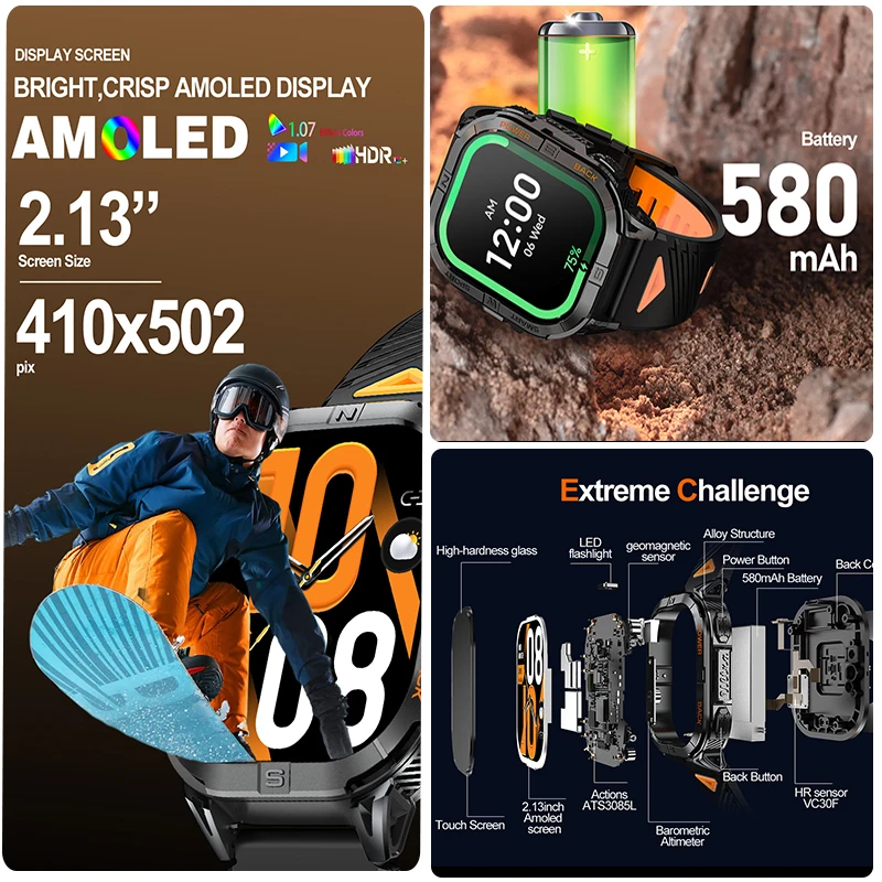 2025 neue GPS-Sport-Smartwatch für Herren, 2,13 Zoll Bildschirm, AMOLED-Taschenlampe, 580 mAh, große Batterie, Herzfrequenz, wasserdicht, BT-Anruf-Smartwatch