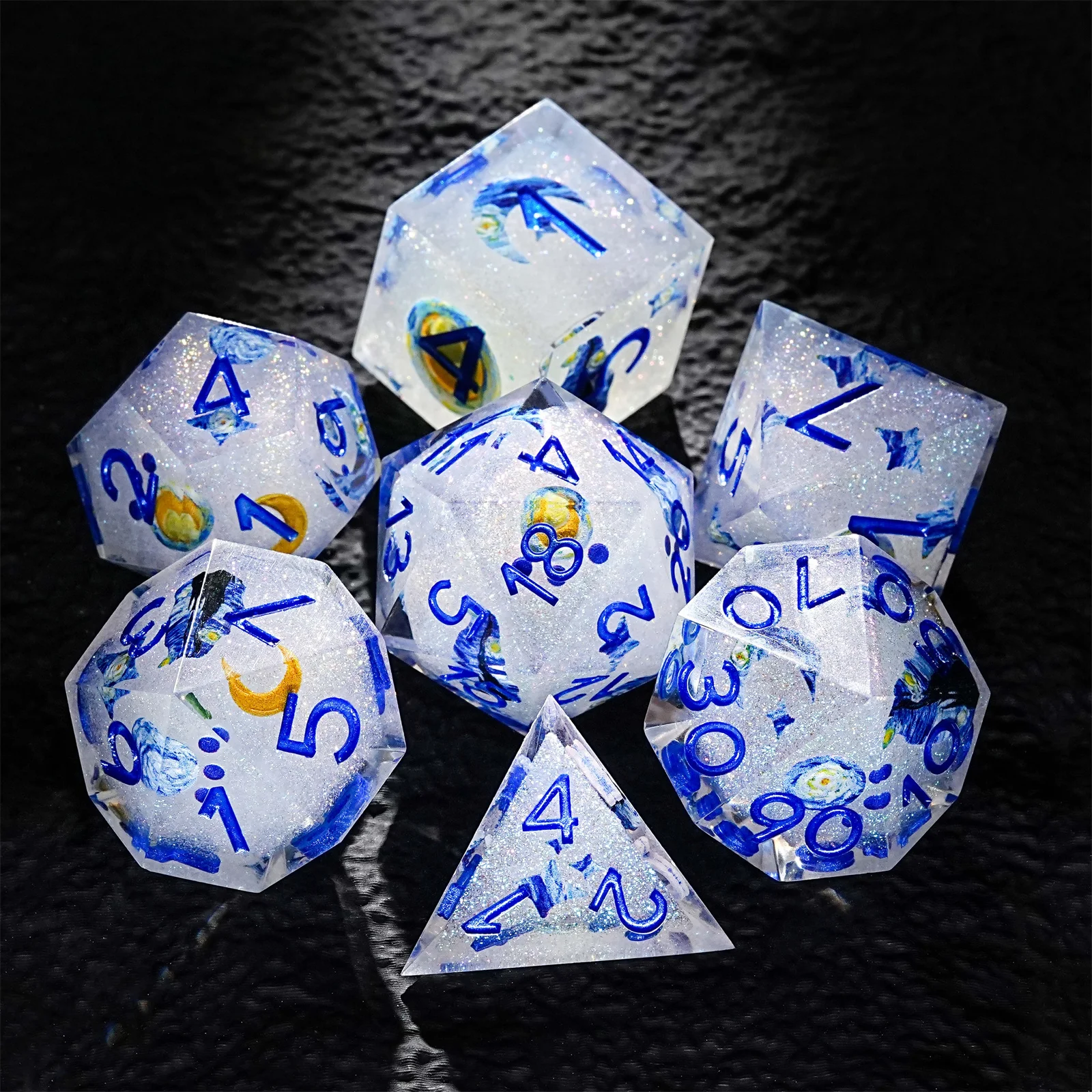 

1-7 шт., белые кости Ван Гога «Звездная ночь», полимерные кости DND, многогранные многогранные кости для игр D&D, COC, ролевой игровой стол для ролевых игр