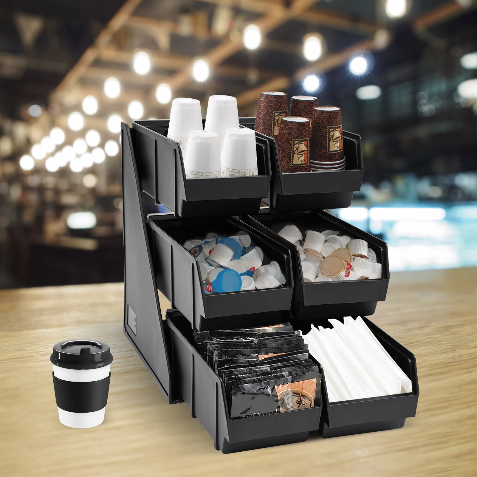 

6-Compartment Tiered Condiment Organizer: Dishwasher-Safe Plastic Storage Bin with Wall/Countertop Mount (51x35cm, Black)