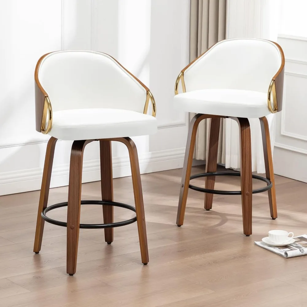 

24.8" Swivel Counter Height Bar Stools Set of 2,White Leather Barstools Mid Century Modern Bar Chairs with Wood Legs.