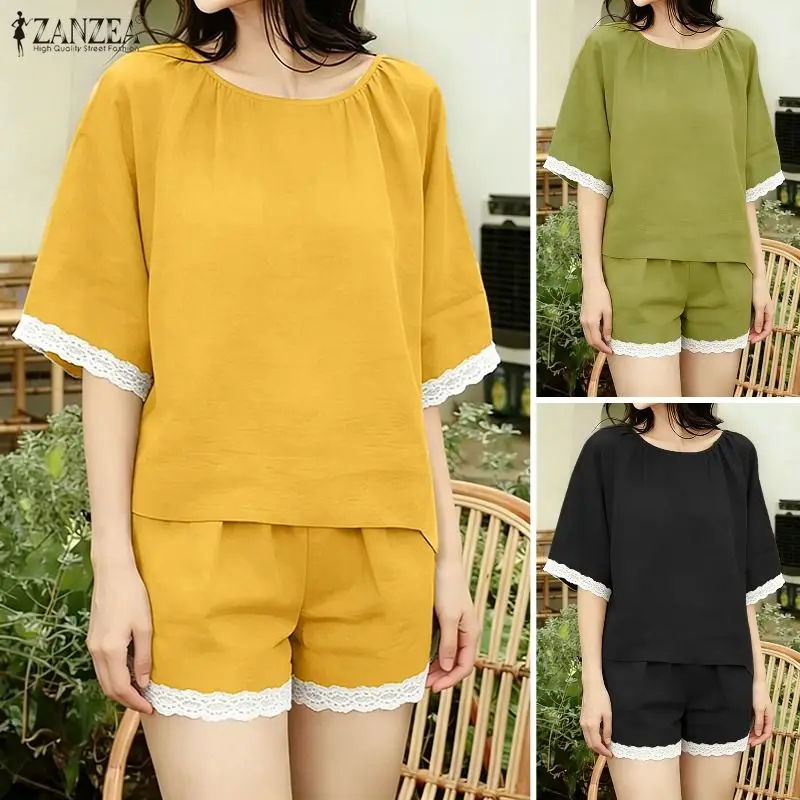 

ZANZEA Summer Casual Holiday Outfits Women O Neck Short Sleeve Blouse Short Sets Lace Patchwork Tracksuit Fashion 2 Pieces Sets
