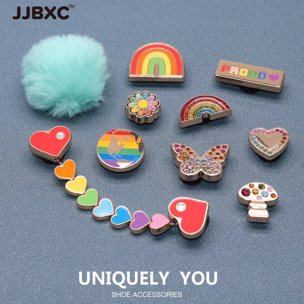 

JJBXC ШАРМ, металлическая пряжка для обуви, аксессуары для обуви, цепочка в форме сердца, Радужная бабочка, модная обувь «сделай сам», аксессуары