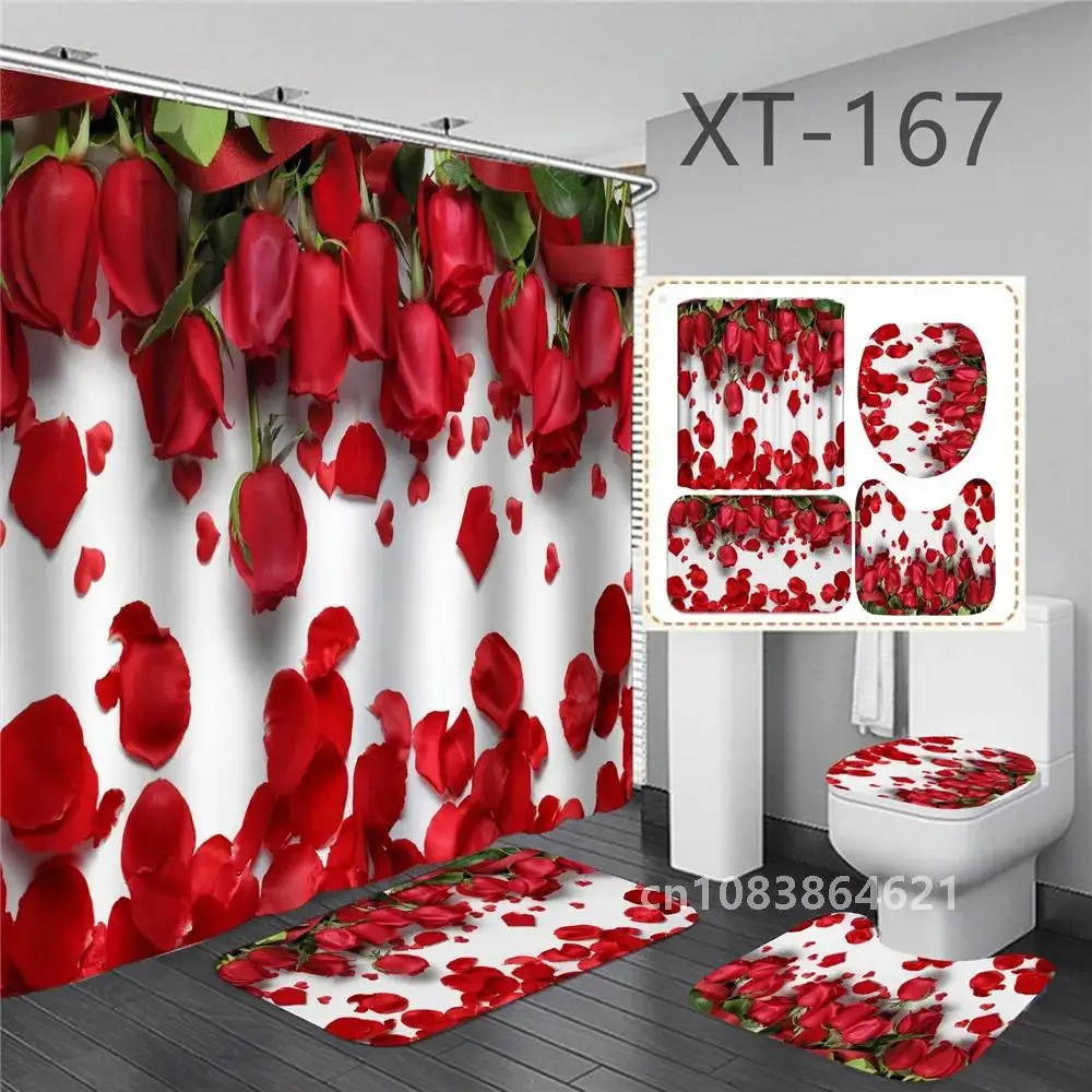 3d Digital Printing Red Rose Flower Shower Curtain Waterproof Polyester Landscape Curtains Bathroom Shower Curtain And Rug Sets