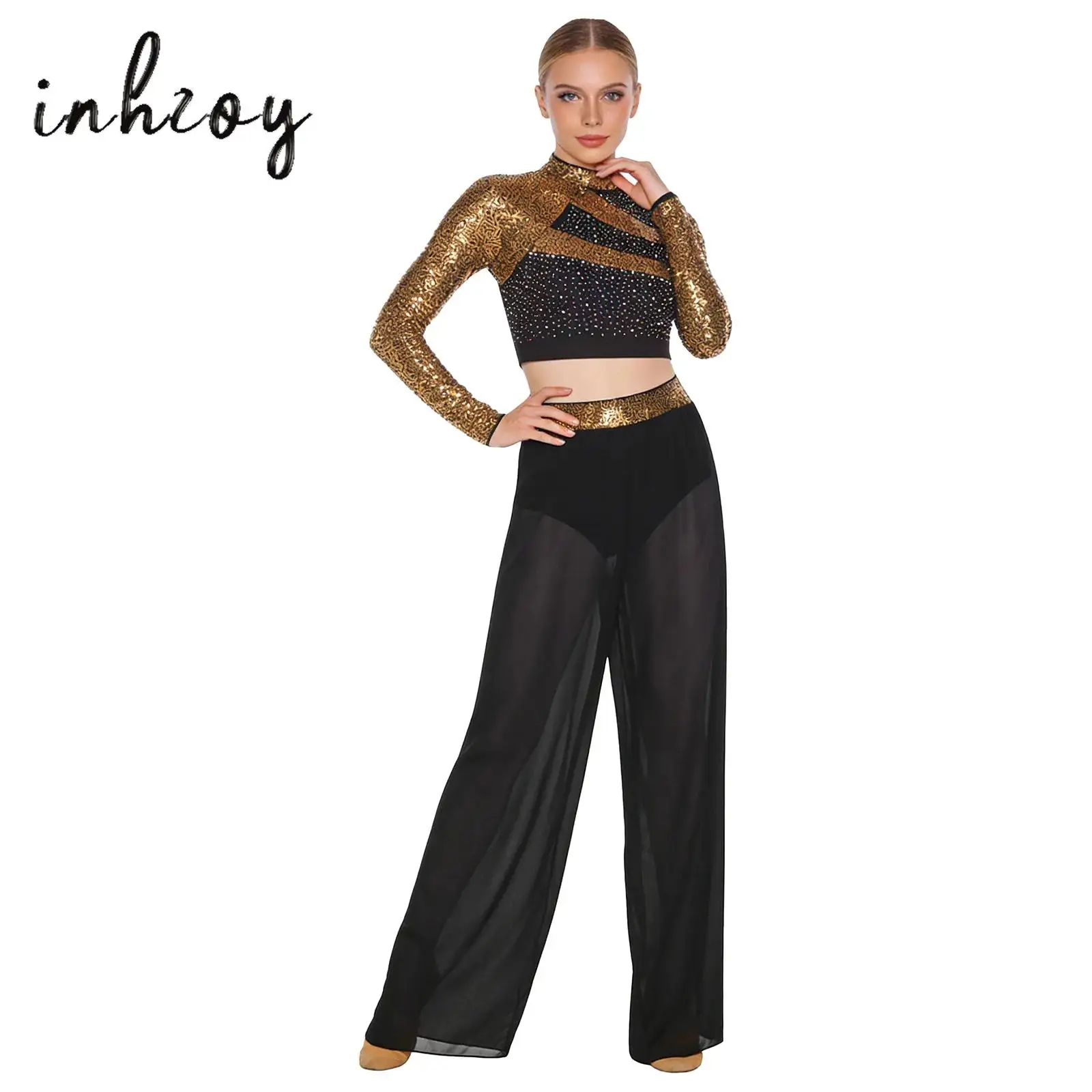 Women Jazz Dance Outfit Long Sleeve Cutout Back Sequins Rhinestones Crop Top+Side Split Sheer Chiffon Pants Lyrical Dancewear
