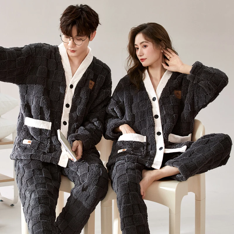 

Autumn and Winter Pajamas Couple Flannel Thickened Women's Pijamas set Men's Kimono Coral Velvet Loungewear pyjama pour femme