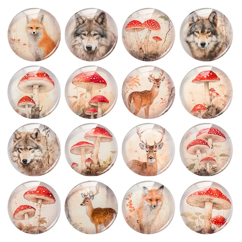 Random Mixed Round/Oval/Square Secret Forest Mushroom Fox Wolf Photo Glass Cabochon Flatback Demo Cameo For Diy Jewelry Making