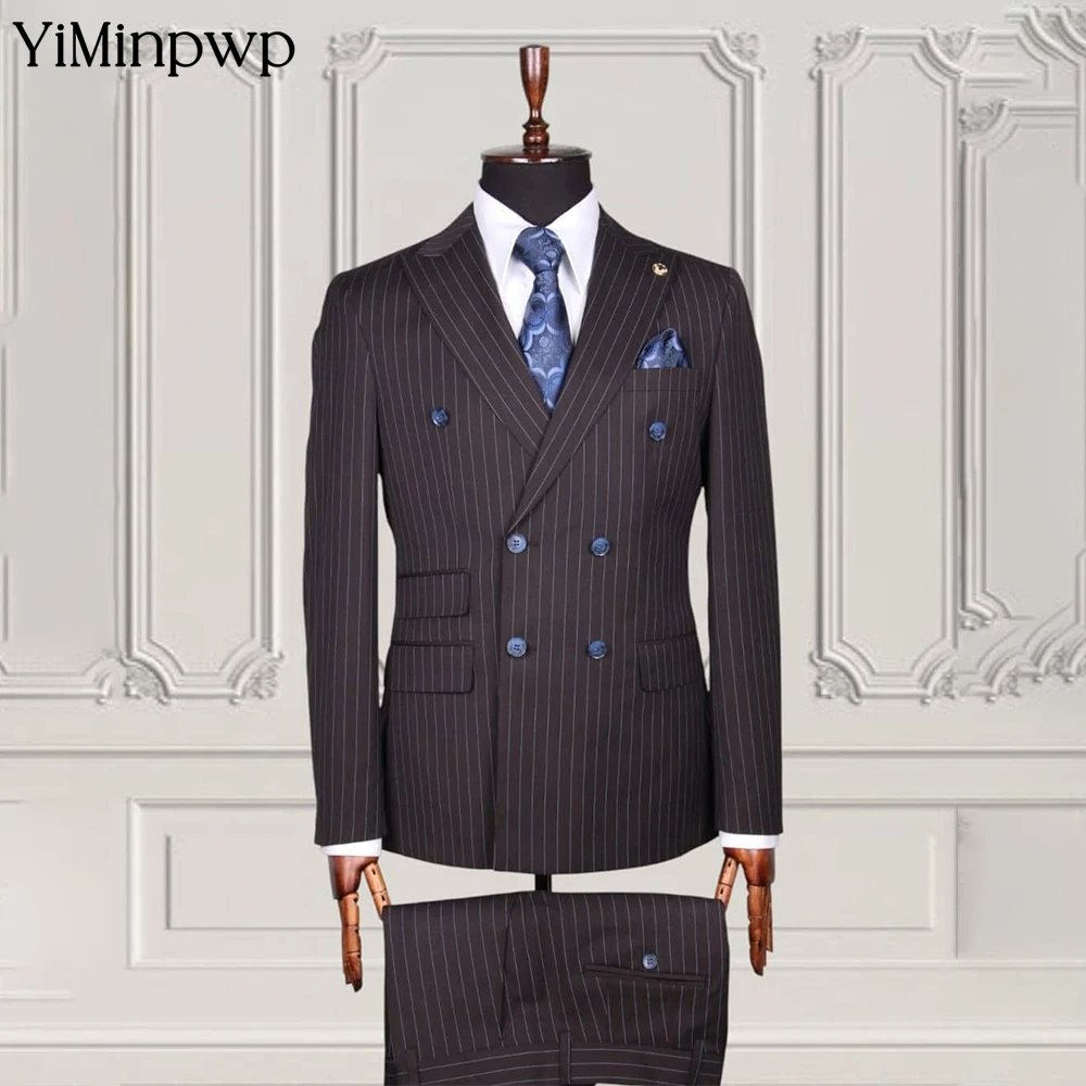 

Men Suit 2 Pieces Shawl Lapel Pinstripe Double Breasted Suit Formal For Wedding Groom Business Outfits Wedding Groom jacket+Pant