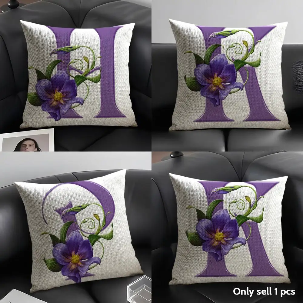 Simple Purple Flower Letters Cushion Cover Breathable Linen Organic Fabric Double-Sided Printing Sofa Pillow Case Home Decor