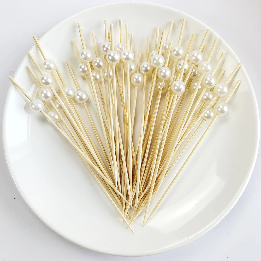 50 100Pcs Wedding Pearl Disposable Bamboo Skewers Wooden Cocktail Picks Fruit Picks Snack Fork Skewer Wedding Party Supplies