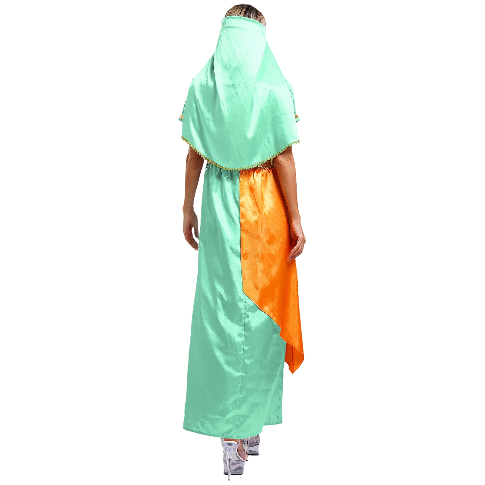 Women Halloween Carnival Arabian Princess Cosplay Costume Arab Dance Clothing Short Sleeve Side Split Satiny Dress with Veil