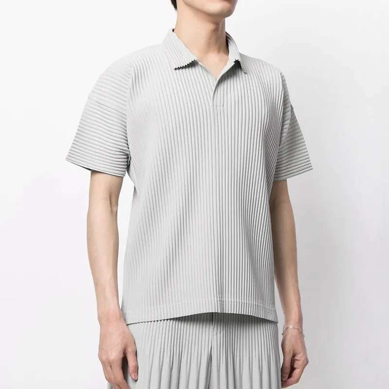 MIYAKE pleated blouse with loose lapel, versatile casual short-sleeved t-shirt, POLO shirt, trendy for men