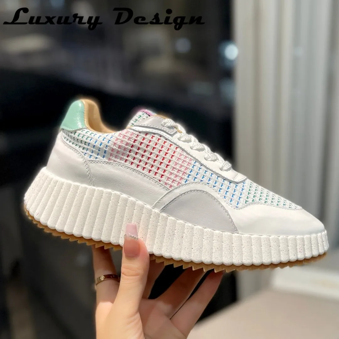 Luxury Women Nama Sneakers Knitted Platform Sneakers Round Toe Flats Women Lace Up Patchwork Hand Stithced Walking Tennis Shoes