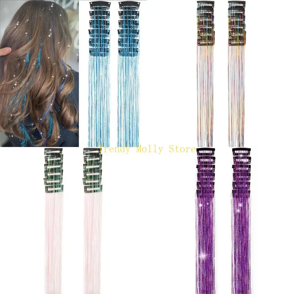 

N5KB 12pcs Glitter Tinsel Clip On Hair Extension Accessories for Shining Party Styles Sensitive Scalp Comfort Daily Activity