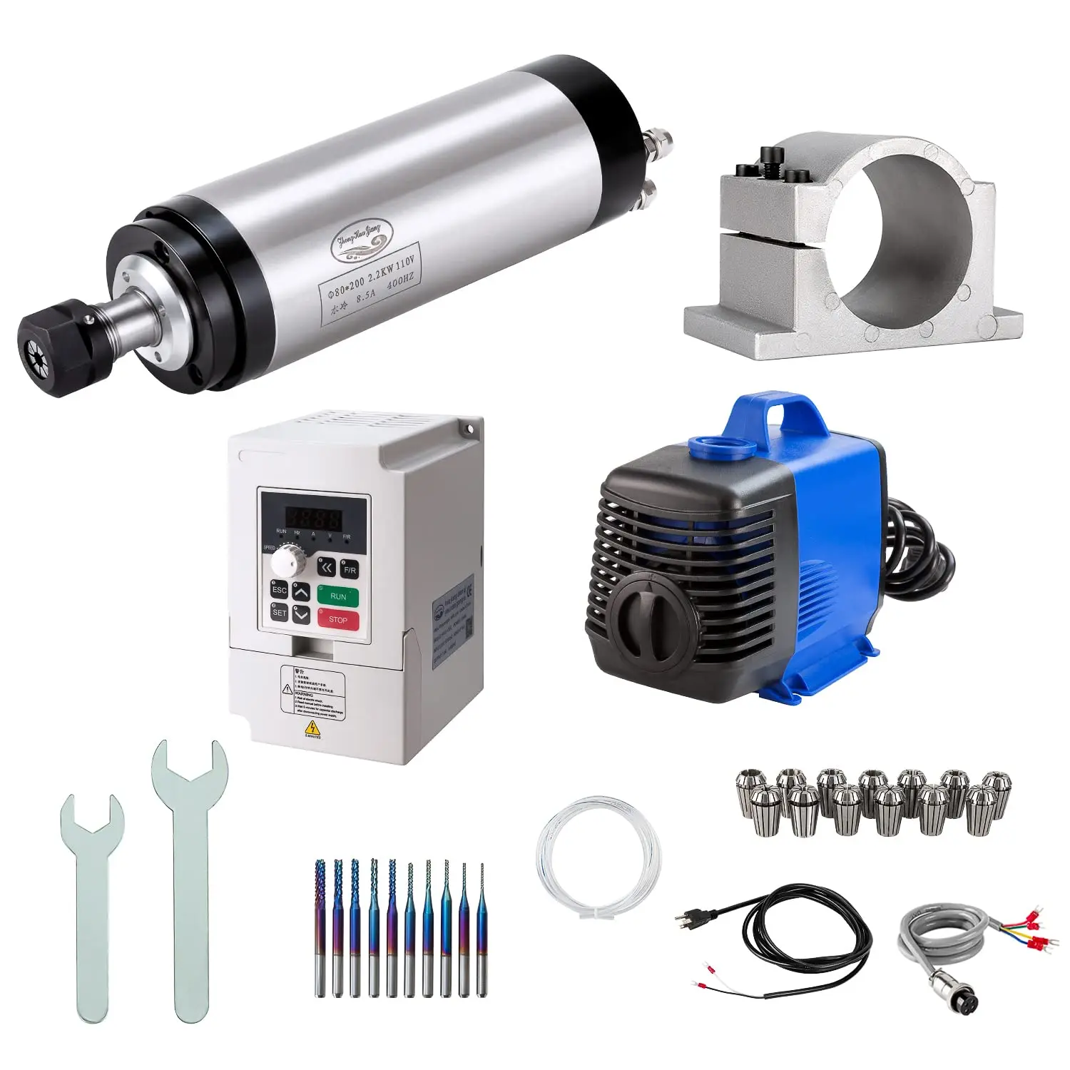 CNC Spindle Motor Kits, 110V 2.2KW 80mm Water Cooled Spindle Motor CNC motor +110V 2.2KW VFD+Clamp Mount +Water Pump