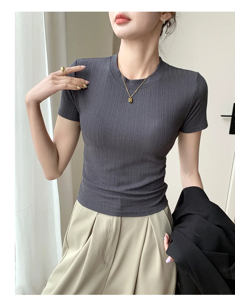 Sommerliches neues Damen-Rundhals-T-Shirt, gestricktes Kurzarm-Oberteil, lässiges Allround-T-Shirt, gestreiftes Basic-Shirt, schmal geschnitten, atmungsaktiv – Detail 15