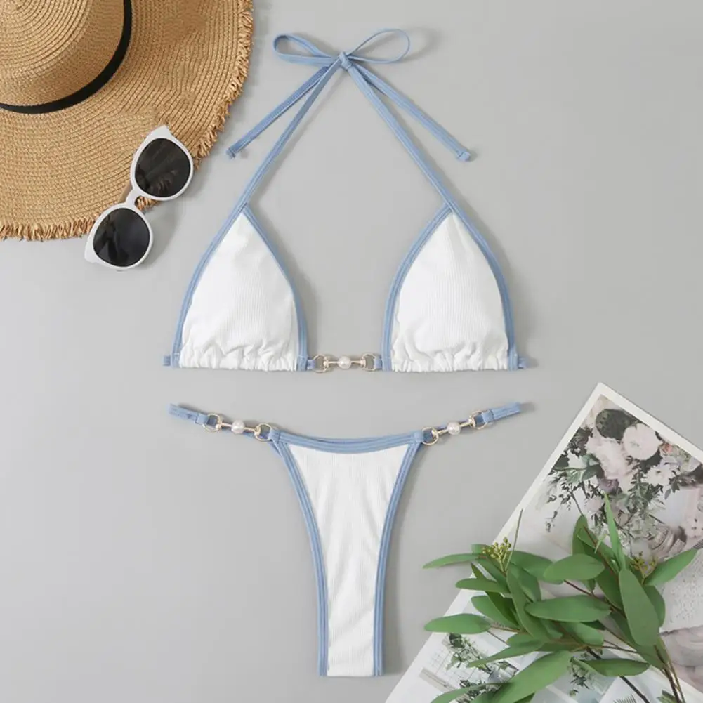 2 Pcs/Set Women Bikini Set Women's Swimsuit Contrast Color Halter Neck Three-point Imitation Pearl Deep V Neck Swimming Suit