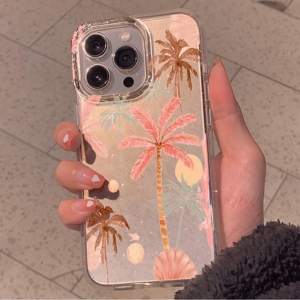 Beach coconut trees Clear Glitter Phone Case For iPhone 17 15 13 16 12 11 14 Pro Max 17 Air XR X 16e Cases Shockproof INS Cover view 2