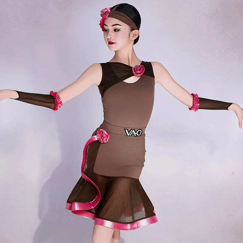 

2026 Girls Latin Dance Dress Performance Costume Flower Brown Competition Dress Kids Cha Cha Rumba Dance Clothes Suit BL14800