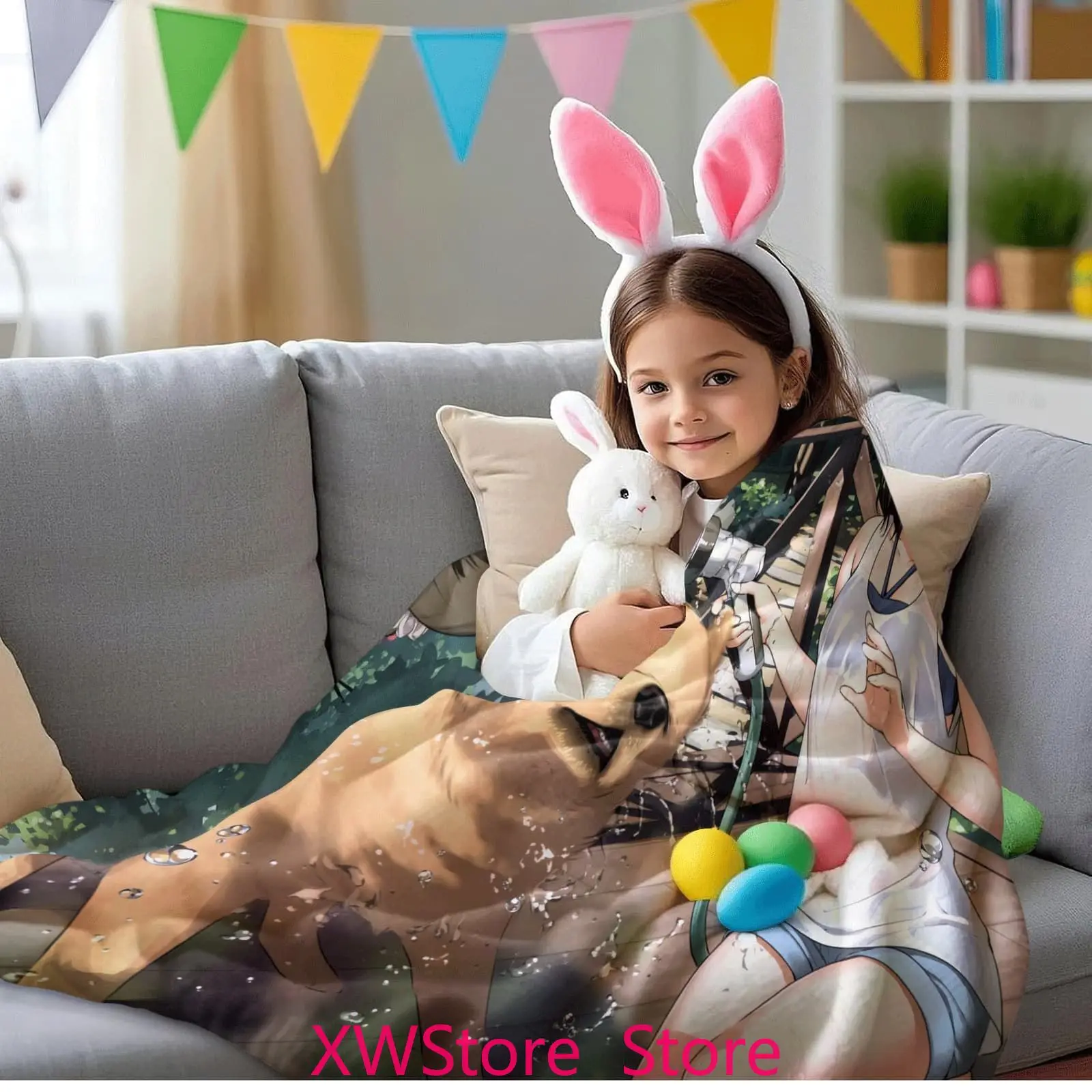 Girl and Dog Anime Pattern Flannel Blanket Lightweight and Warm Perfect Choice for Sofa Bed Office Gift for Family and Friends