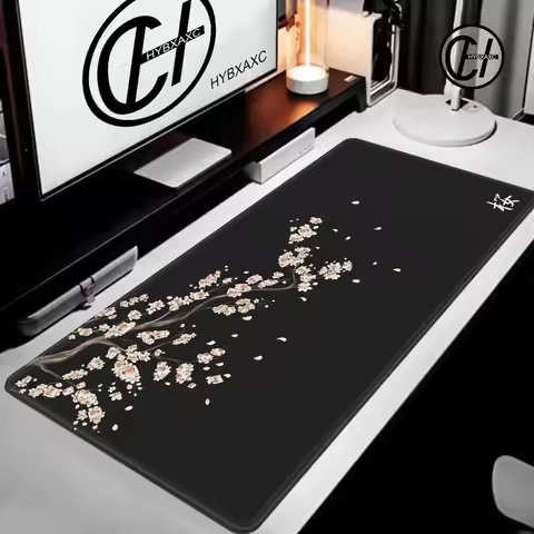 Kawaii Purple Desk Mat Black Sakura Gaming Mouse Pad Office Carpet Cherry Blossom 1200x600 Mousepad Gamer Computer Mat