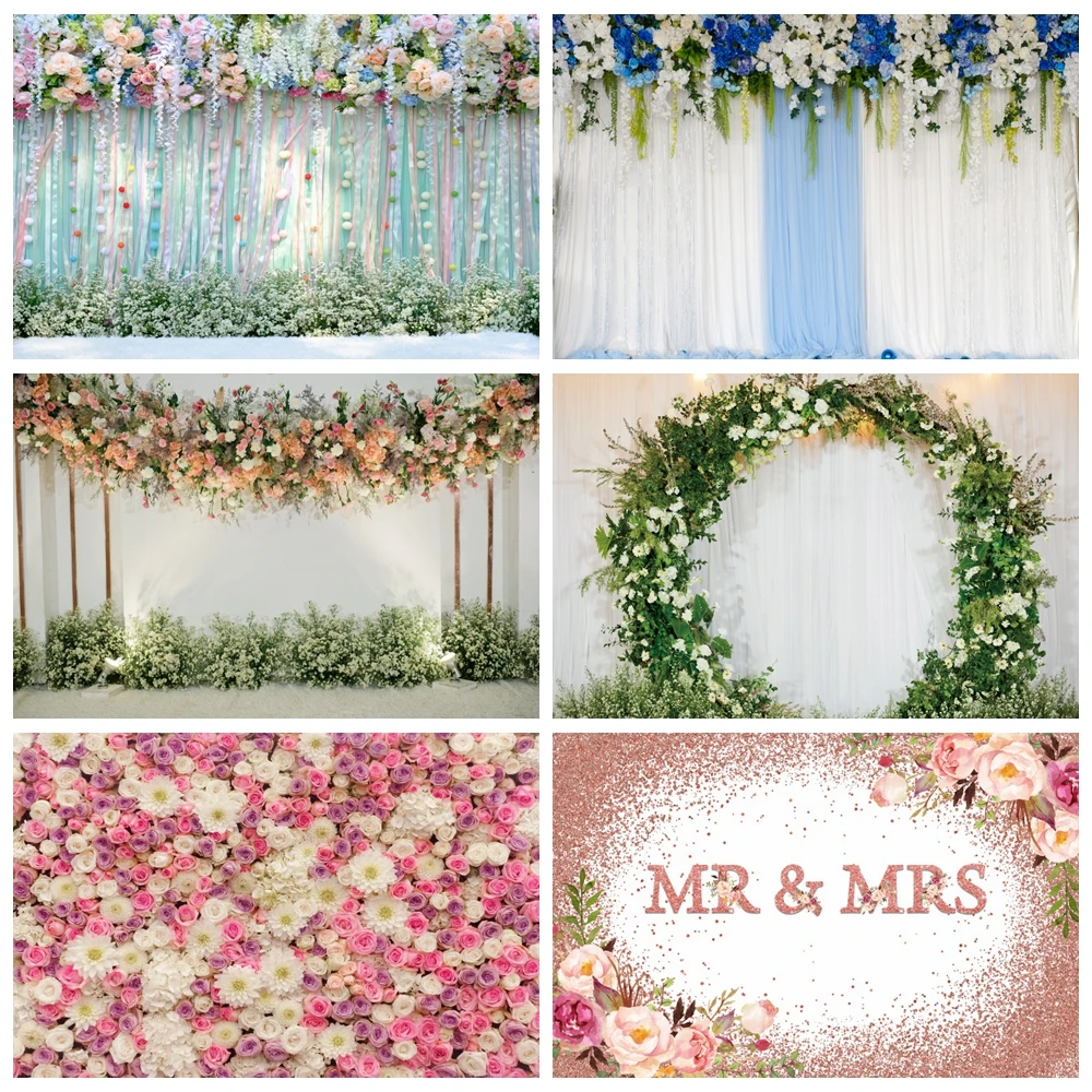 

Wedding Scenes Photography Backdrop Bridal Shower Mr & Mrs Flower Wall Bloom Floral Background Photo Studio Photo Prop Banner