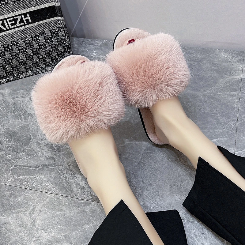 Women Slippers 2022 Autumn Winter Shoes Flat Sweet Home Slippers Woman Indoor Fur Warm Soft Slip on Black Pink Female Slipper