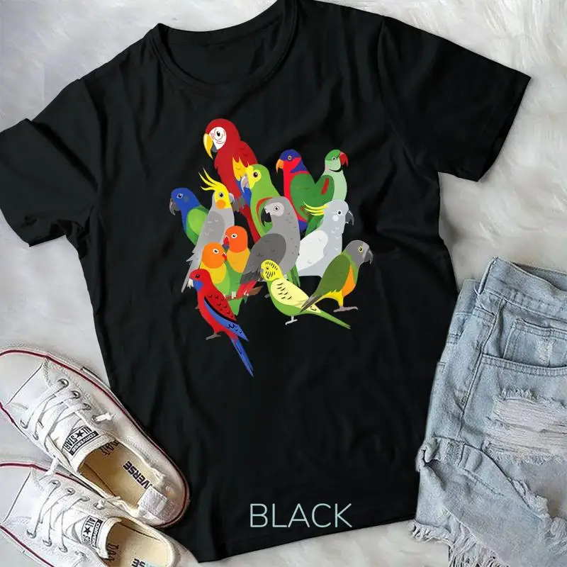 

Parrot Flock Macaw Cockatoo African Grey Budgie Unisex T shirt