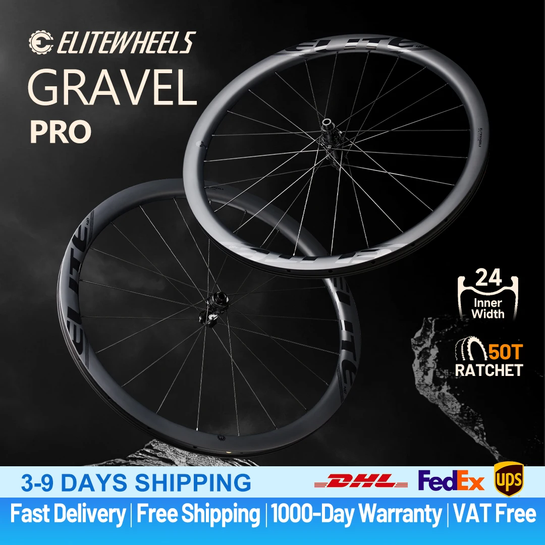 ELITEWHEELS PRO GRAVEL 700C Carbon-Laufradsatz, 24mm Innenlaufrad, Center Lock Scheibenbremse, 50T Ratchet Cyclocross-Räder, HG/XDR Nabe
