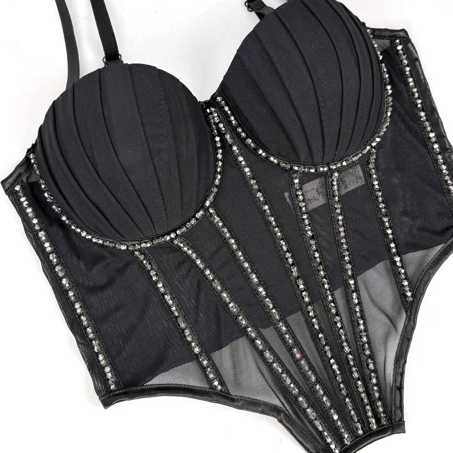 Flashing Drill Fishbone Tops Push Up Bra Vest Sexy Women\'s Corset See Through Mesh Crop Top 2025 Summer Party Brasieres Camisole