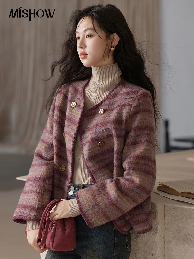 MISHOW Vintage Fragrant Coat Tweed Down Jackets Women 2024 Winter Korean Elegant O-Neck Double Breasted Warm Jacket MXD55W0650