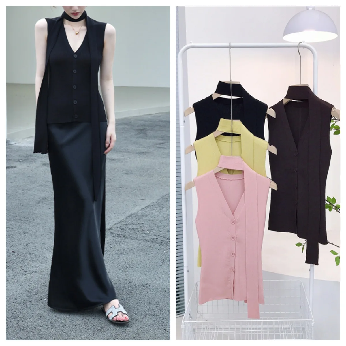 

2025 Deep V-neck Breasted Sleeveless Front Shoulder Waist Vest + Ribbon Scarf Sling Vest Summer