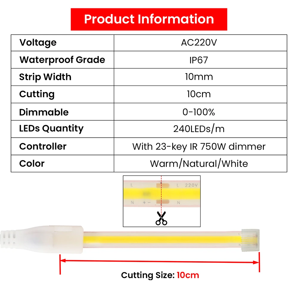 220V Wall Switch COB LED Neon Strip Light Wifi Bluetooth APP Remote Control Dimmer Power Kit 240LED with IC Flex Clear Tube Lamp